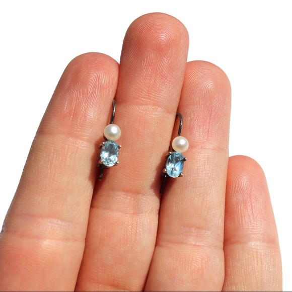 Vintage Pearl Blue Topaz Sterling Silver Earrings - Picture 5 of 6